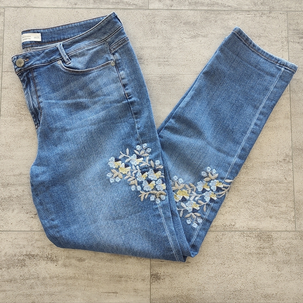 J. Jill Women's Embroidered Weekender Straight Leg Medium Wash Denim Jeans 12